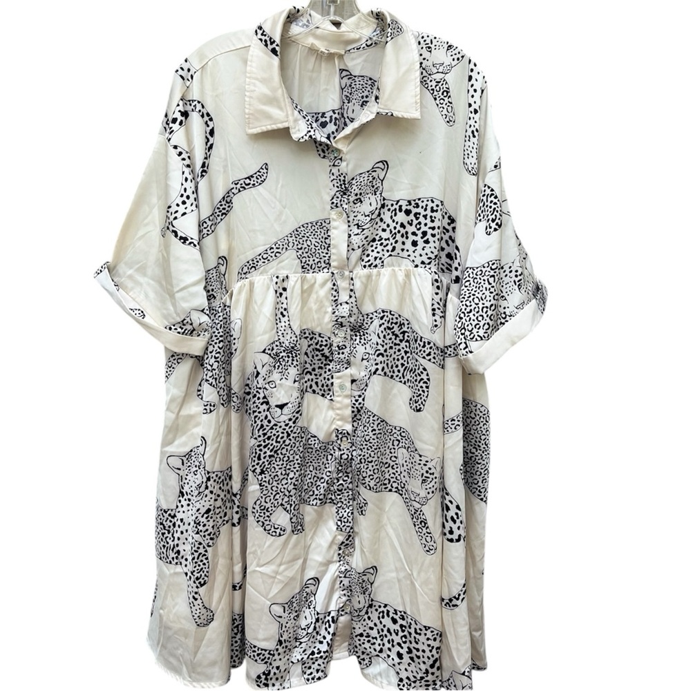 Entro Mini Shirt Dress Black Leopard Print Button Up Collard XL Short Sleeve